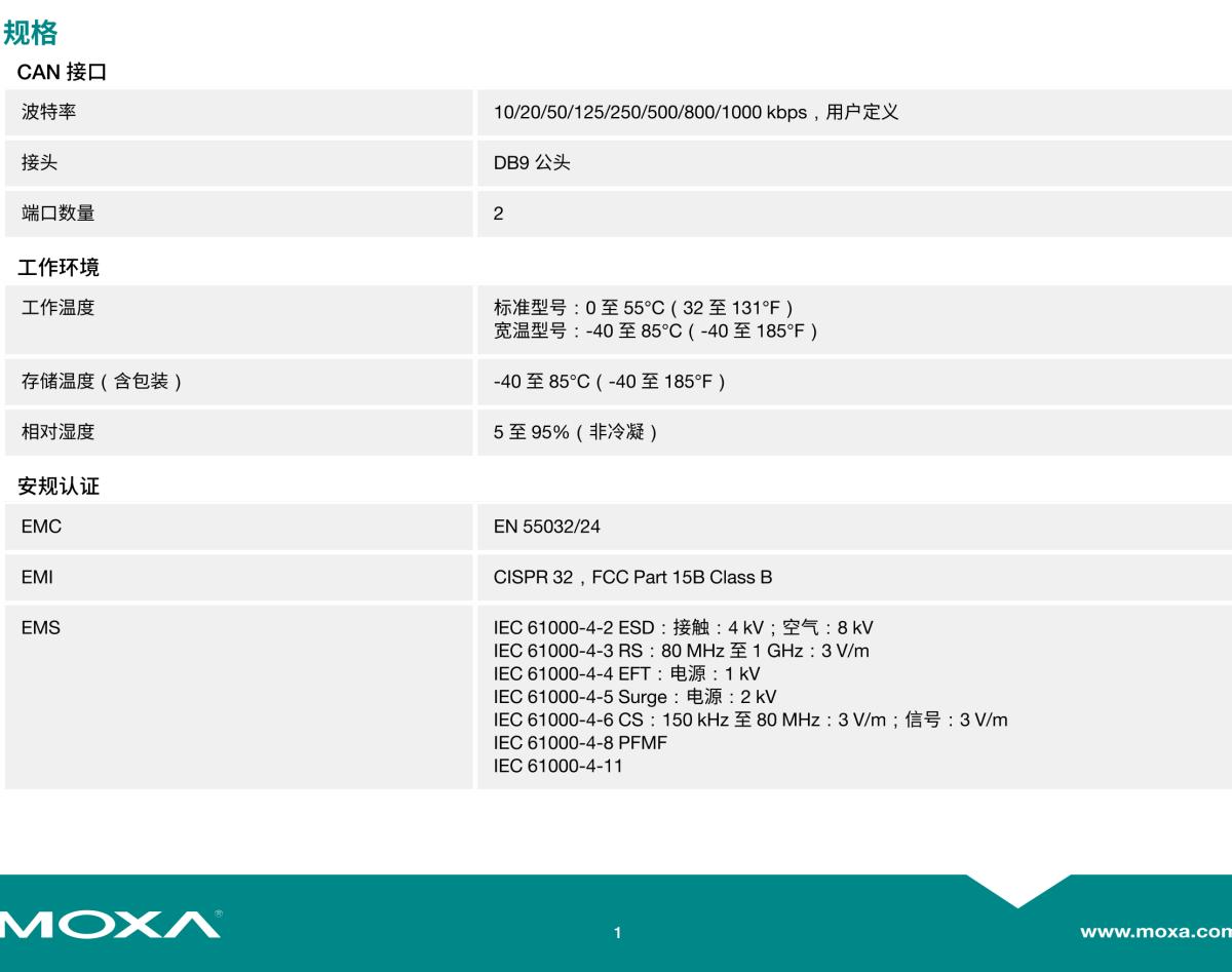 MOXA摩莎CP-602E-I 系列2 端口 CAN 接口 PCI Express 卡，带 2 kV 光电隔离保护