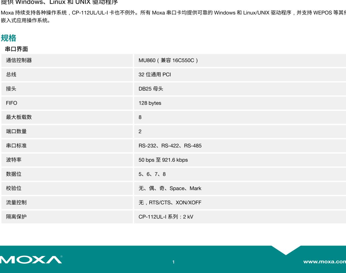 MOXA摩莎CP-112UL 系列2 端口 RS-232/422/485 通用 PCI 串口卡，可选带 2 kV 光电隔离保护