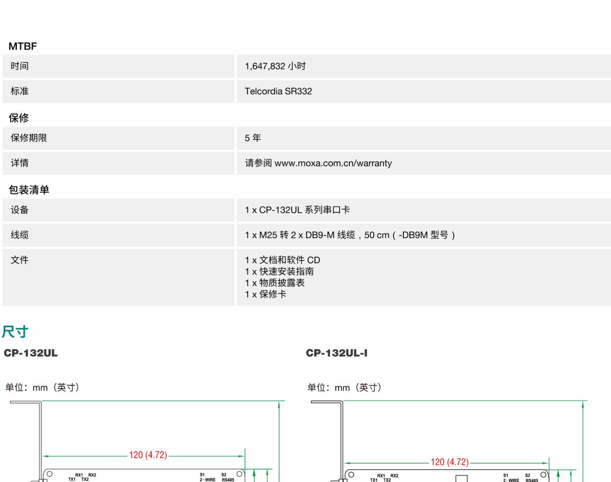 MOXA摩莎CP-132UL 系列2 端口 RS-422/485 通用 PCI 串口卡，可选带 2 kV 光电隔离保护