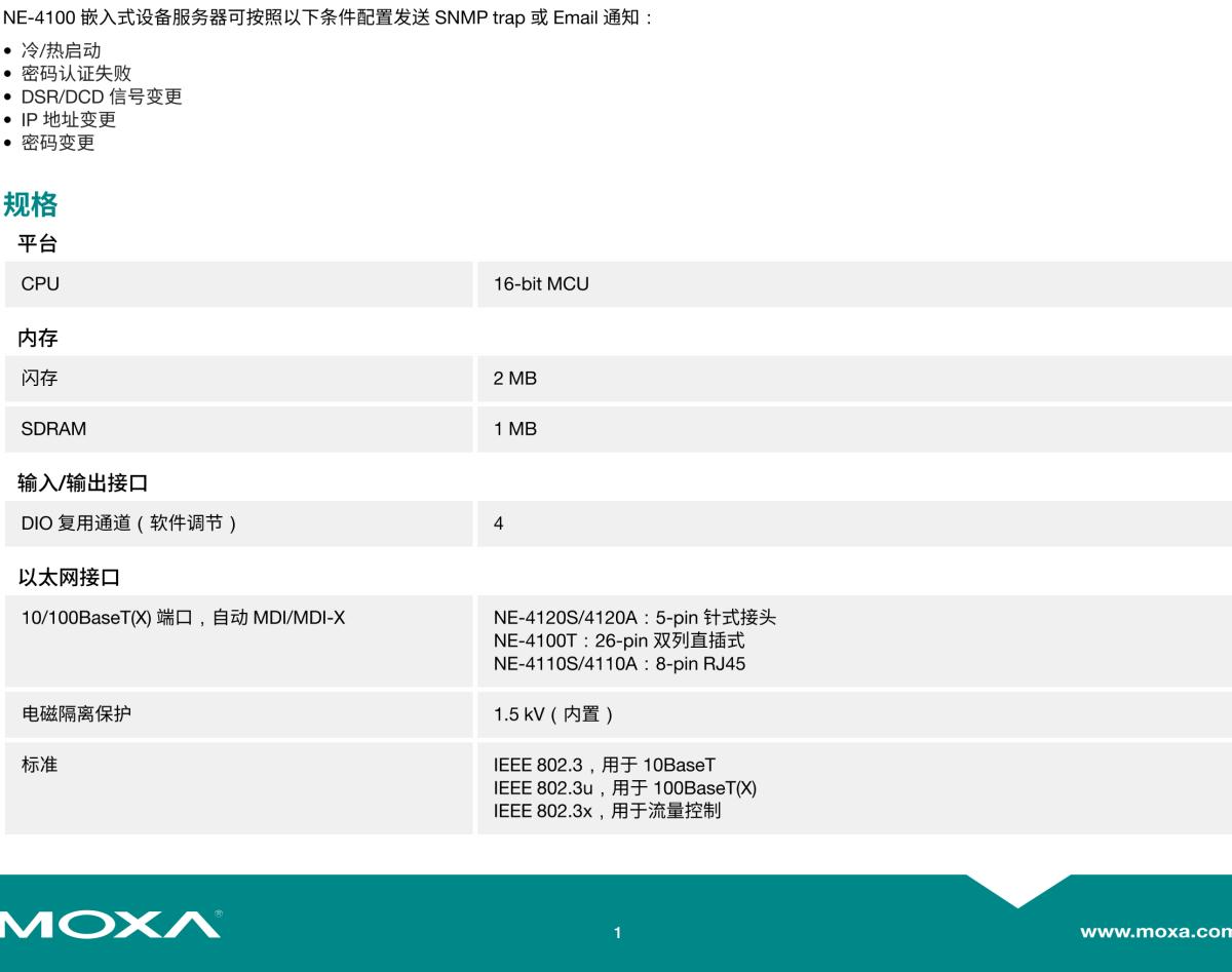 MOXA摩莎NE-4100 系列10/100 Mbps 嵌入式串口设备联网服务器