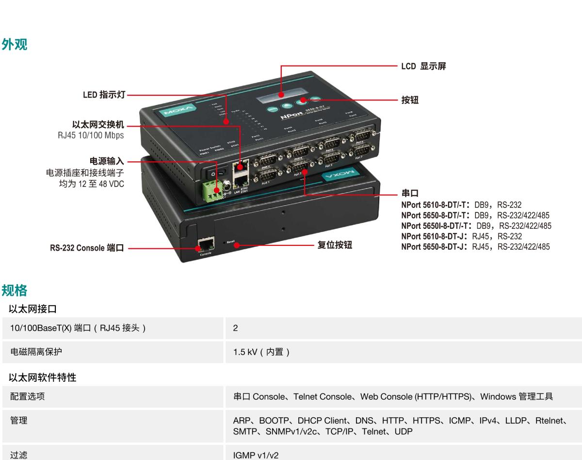 MOXA摩莎NPort 5600-DT 系列8 端口 RS-232/422/485 串口设备联网服务器