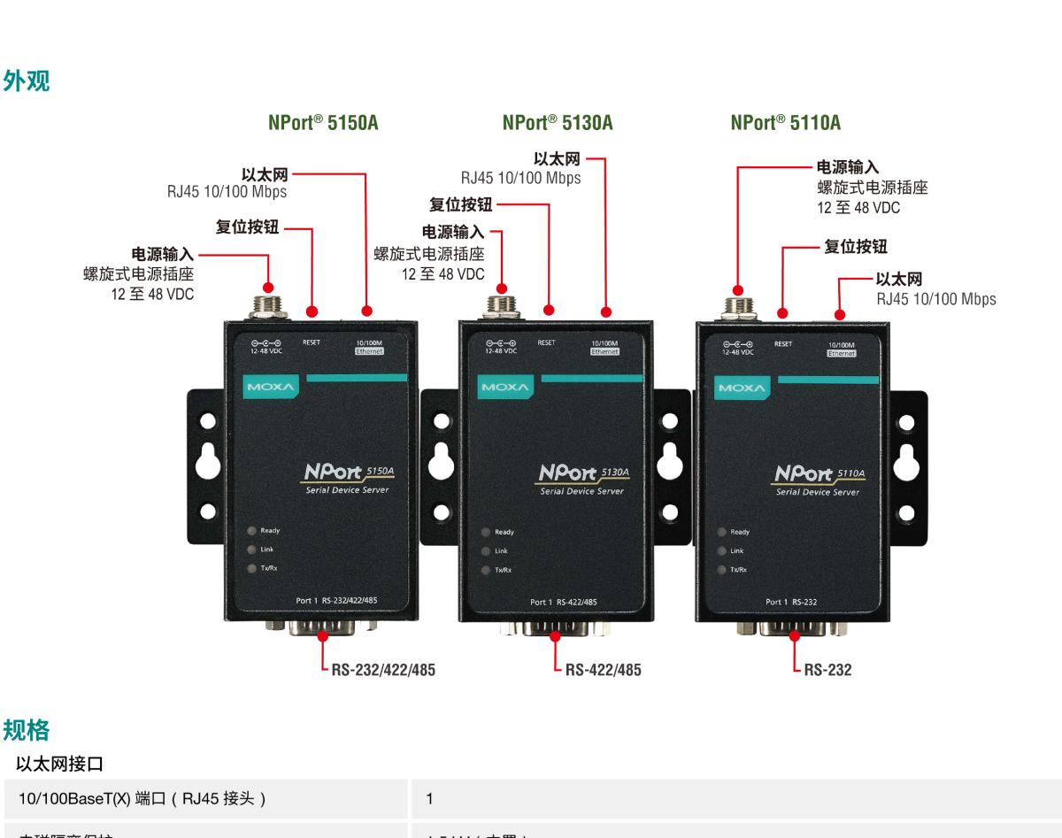 MOXA摩莎NPort 5100A 系列1 端口 RS-232/422/485 串口设备联网服务器