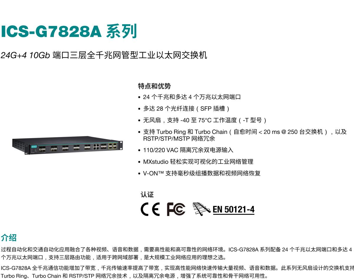 MOXA摩莎ICS-G7828A 系列24G+4 10Gb 端口三层全千兆网管型工业以太网交换机