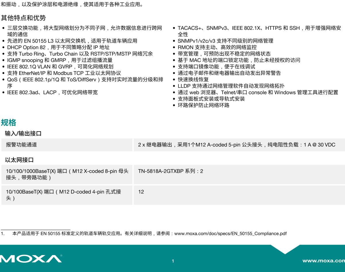 MOXA摩莎TN-5800A 系列EN 50155 16/16+2G 端口三层千兆网管型工业以太网交换机