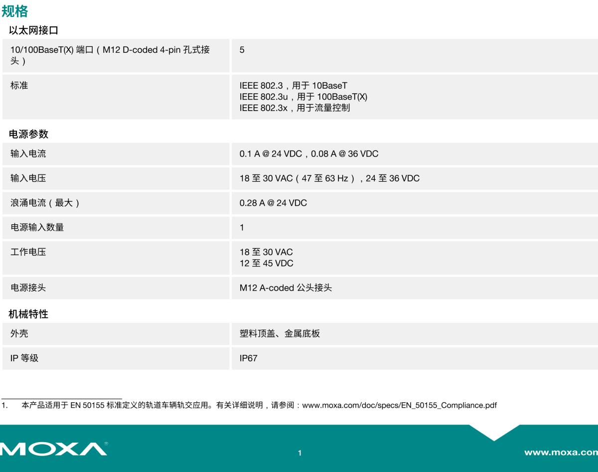 MOXA摩莎TN-5305 系列EN 50155 5 端口 IP67 非网管型工业以太网交换机