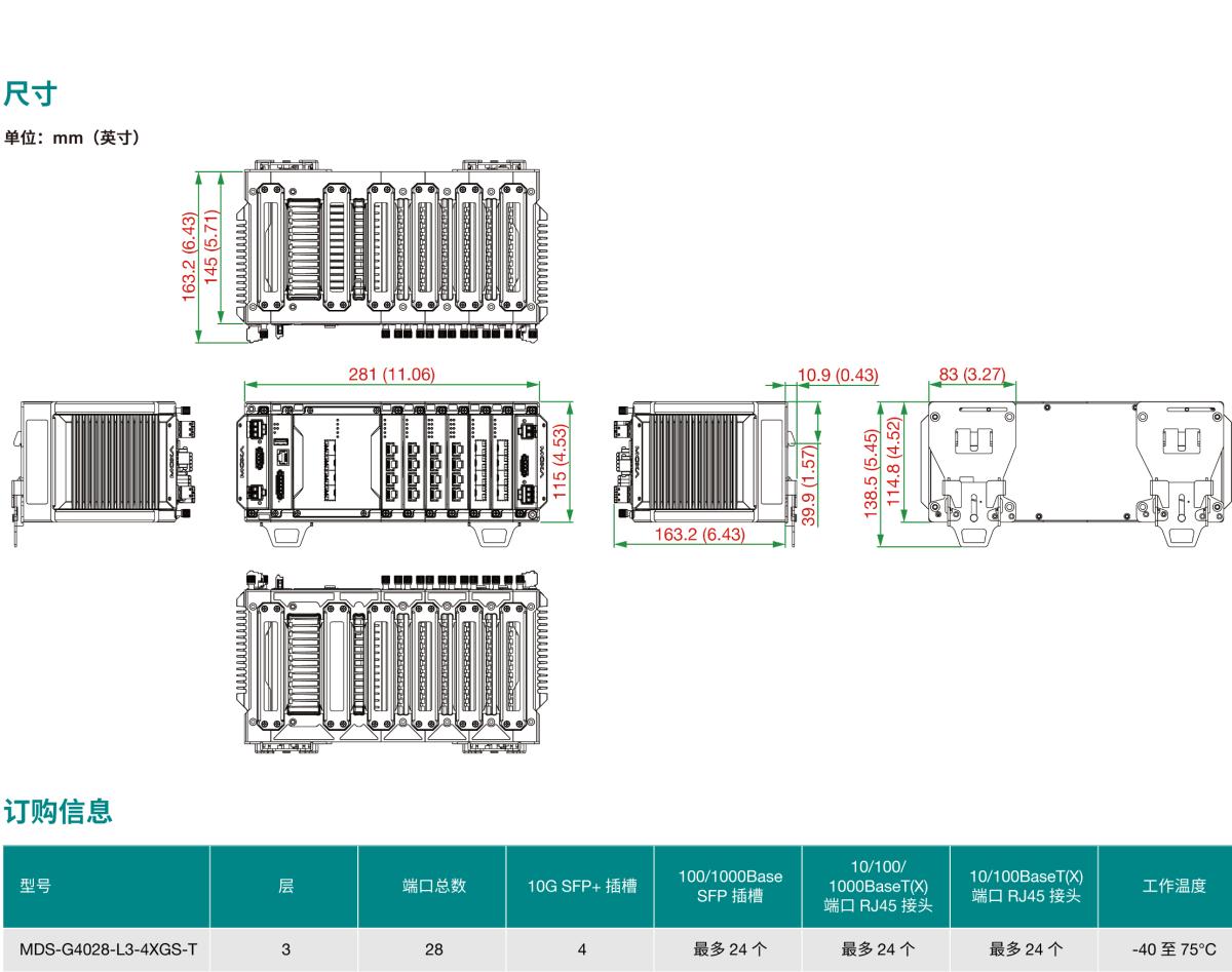 MOXA摩莎MDS-G4028-L3-4XGS 系列24 GbE + 4 10GbE 端口三层全千兆模块化网管型工业以太网交换机