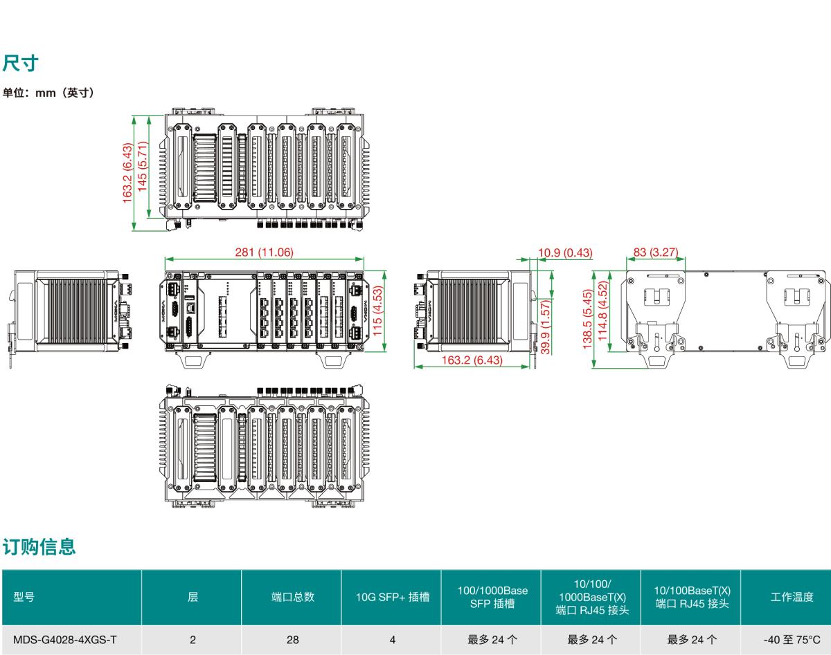 MOXA摩莎MDS-G4028-4XGS 系列24 GbE + 4 10GbE 端口二层全千兆模块化网管型工业以太网交换机