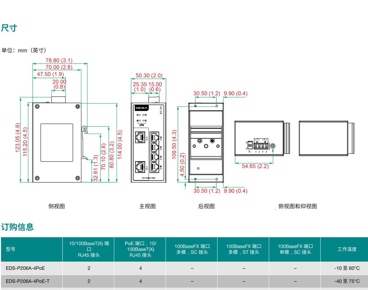 MOXA摩莎EDS-P206A 系列6 端口非网管型工业以太网交换机，带 4 端口 IEEE 802.3af/at PoE+