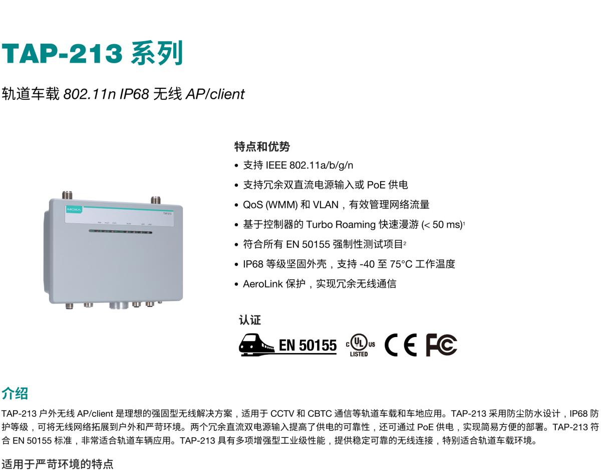 MOXA摩莎TAP-213 系列轨道车载 802.11n IP68 无线 AP/client