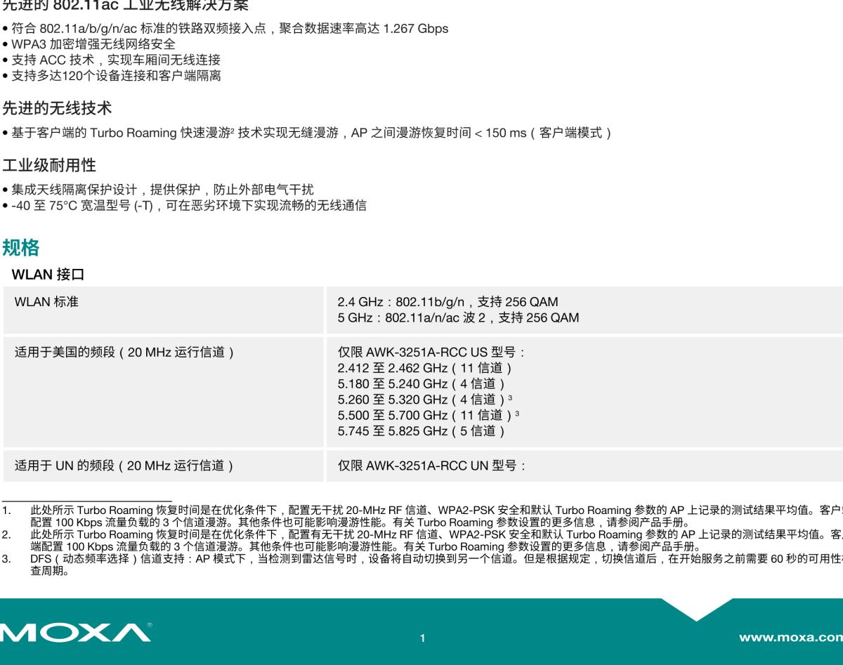 MOXA摩莎AWK-3251A-RCC 系列Wi-Fi 5 铁路无线接入点/客户端